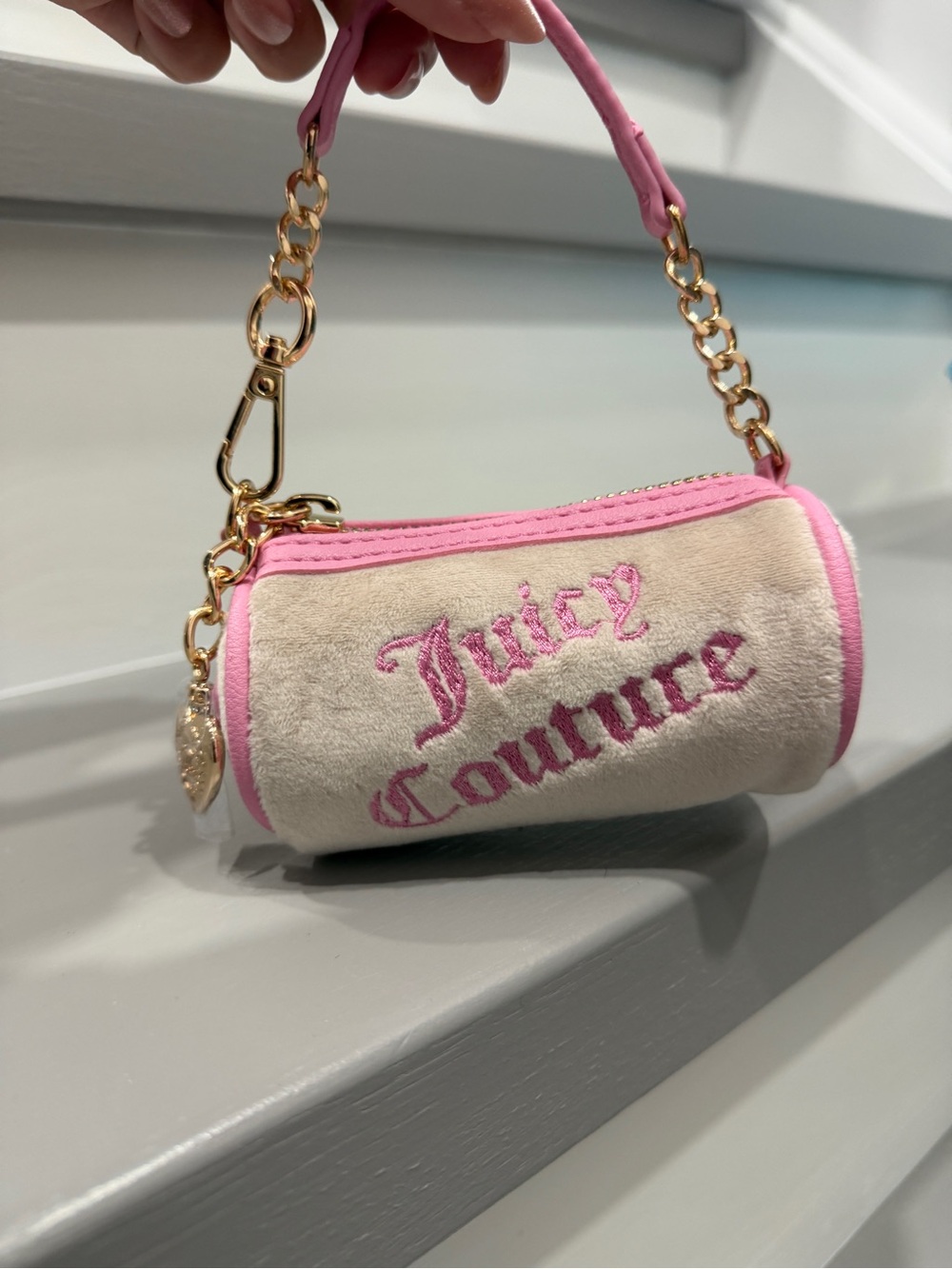 Juicy Couture Pink & Cream Barrel Bag Charm with Gold Chain